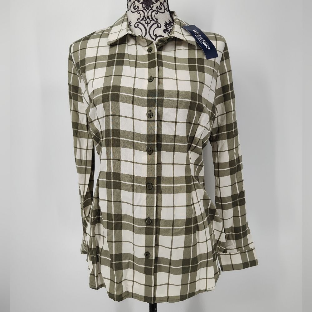 WinterSilks NWT Olive and Cream Plaid 100% Silk Button Up Shirt Women's Medium